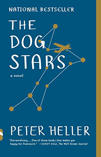 A book cover with a deep blue background, featuring the title 'The Dog Stars' in large white font at the top, indicating it is a national bestseller. Below the title is a constellation diagram that includes a small silhouette of an airplane flying upwards, connected by lines to form the shape of a dog, with one bright yellow star at the dog's front paw. The author's name, Peter Heller, is at the bottom in white text, along with a quote praising the book from Junot Díaz, as cited by The Wall Street Journal.