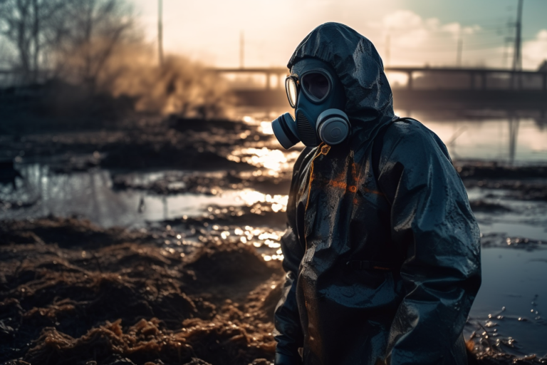 A person wearing a gas mask and standing in front of a body of water