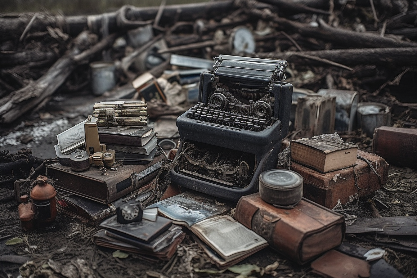 Post apocalyptic sene with books and a typewriter