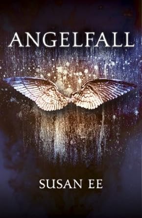 Book cover of 'Angelfall' by Susan Ee, featuring a pair of angel wings set against a dark, mystical background with twinkling lights, evoking a sense of the supernatural