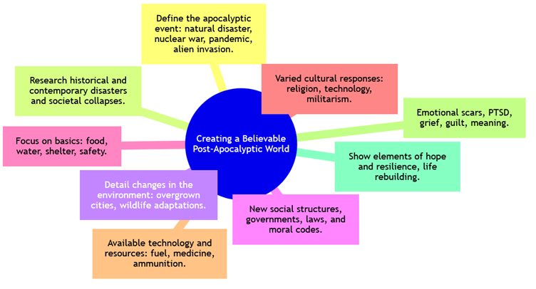 A diagram titled 'Creating a Believable Post-Apocalyptic World' with a central blue circle connected to surrounding colored boxes with tips. These include defining the apocalyptic event, researching historical disasters, focusing on basics like food and water, detailing environmental changes, considering available technology, examining varied cultural responses, outlining new social structures, and emphasizing emotional scars and elements of hope and resilience.