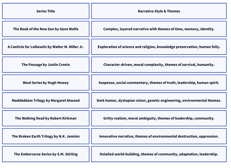 The image is a table with two columns. On the left column, titled "Series Title," there are listed several well-known speculative fiction book series. On the right column, titled "Narrative Style & Themes," there are descriptions of the narrative style and central themes associated with each book series. Here is the content in a text format:

    The Book of the New Sun by Gene Wolfe: Complex, layered narrative with themes of time, memory, identity.
    A Canticle for Leibowitz by Walter M. Miller Jr.: Exploration of science and religion, knowledge preservation, human folly.
    The Passage by Justin Cronin: Character-driven, moral complexity, themes of survival, humanity.
    Wool Series by Hugh Howey: Suspense, social commentary, themes of truth, leadership, human spirit.
    MaddAddam Trilogy by Margaret Atwood: Dark humor, dystopian vision, genetic engineering, environmental themes.
    The Walking Dead by Robert Kirkman: Gritty realism, moral ambiguity, themes of leadership, community.
    The Broken Earth Trilogy by N.K. Jemisin: Innovative narrative, themes of environmental destruction, oppression.
    The Emberverse Series by S.M. Stirling: Detailed world-building, themes of community, adaptation, leadership.

This table serves as a guide to the narrative styles and thematic focuses of some influential works in the genre of speculative fiction.