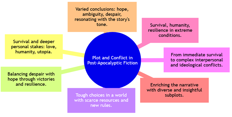 A mind map titled 'Plot and Conflict in Post-Apocalyptic Fiction' with a central blue circle surrounded by connected boxes in various colors. The boxes contain key thematic elements such as survival and deeper personal stakes, balancing despair with hope, tough choices in a world with scarce resources, survival and humanity, varied conclusions, and enriching the narrative with diverse subplots.