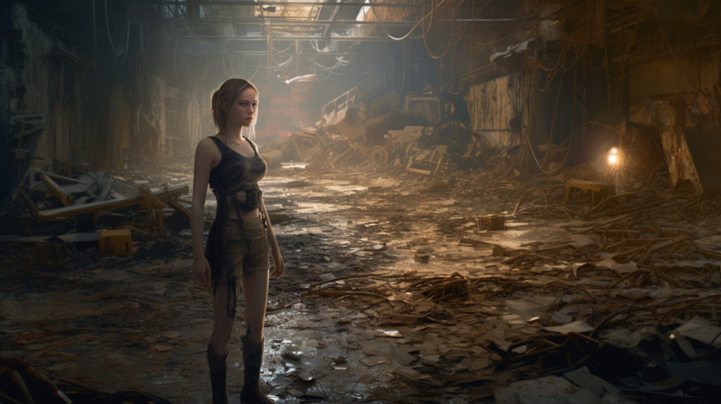 The image features a young woman standing confidently in a dilapidated industrial setting, with sunlight filtering through the dust-filled air. She is dressed in practical, worn clothing suitable for a harsh environment, and her posture exudes resilience and determination. The surrounding scene is one of decay and destruction, with twisted metal, broken machinery, and debris scattered around what appears to be an abandoned factory or warehouse. The lighting creates a dramatic and somewhat eerie atmosphere, suggesting a narrative of survival and exploration in a post-apocalyptic world.