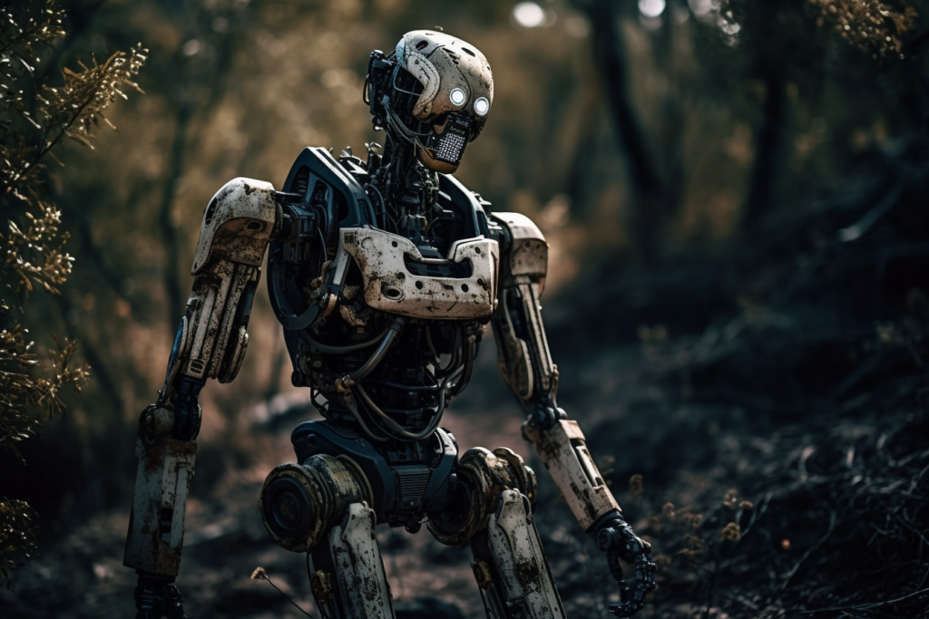 This image shows a humanoid robot with a highly detailed mechanical design standing amidst a forest setting. The robot's head features two bright circular eyes and a mesh-like mouth area, giving it a somewhat human-like face. Its body, arms, and legs are constructed with a variety of mechanical parts, pipes, and armor plating, suggesting advanced technology and robustness. The robot appears to be in a contemplative stance, with a slight tilt to its head and one hand raised in a gesture that could indicate thought or inspection. The environment is dimly lit with a focus on the robot, which stands out as a relic of advanced technology in contrast to the natural, overgrown background. The overall atmosphere of the image is one of post-apocalyptic solitude and the fusion of technology with the remnants of nature.
