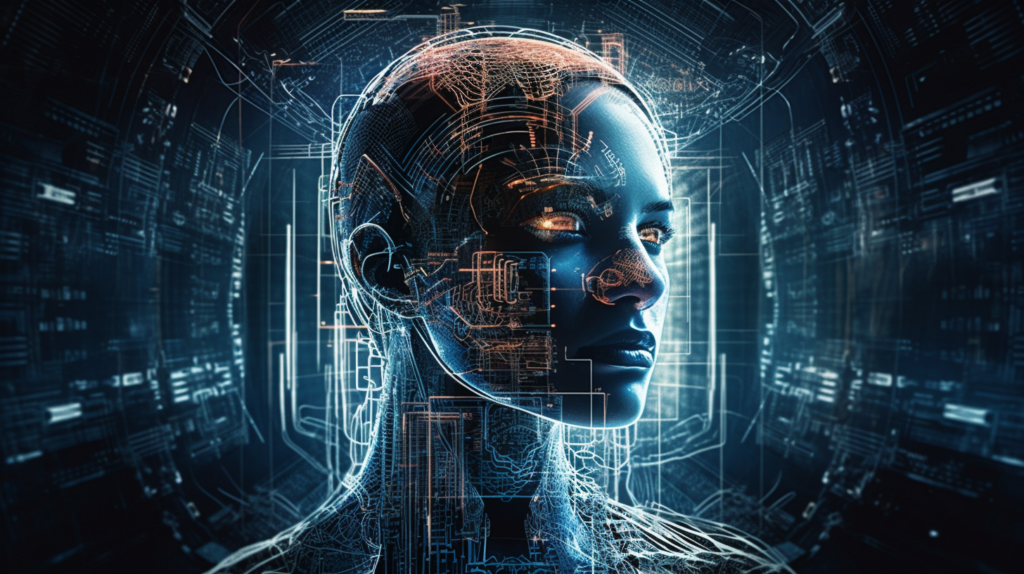 This image portrays a highly detailed and complex visualization of an artificial intelligence or android's head, overlaid with intricate cybernetic and schematic designs. The focus is on the profile of a humanoid female face, which appears contemplative and serene. Her features are overlaid with glowing blue circuit patterns and digital elements, suggesting advanced technology and the merging of human and machine. The background is a dense network of futuristic structures, resembling the inside of a computer or a cityscape composed of circuit boards.