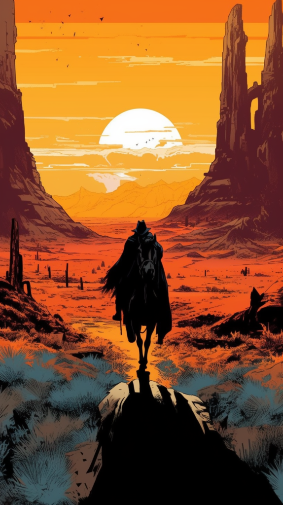 Vivid graphic illustration from 'East of West' by Jonathan Hickman depicting a lone figure on horseback, silhouetted against an orange-hued, expansive desert landscape under a large setting sun. Towering rock formations flank the sides, leading into a horizon of layered mountains, while sparse vegetation dots the terrain. The scene conveys a feeling of isolation in a vast, open wasteland.