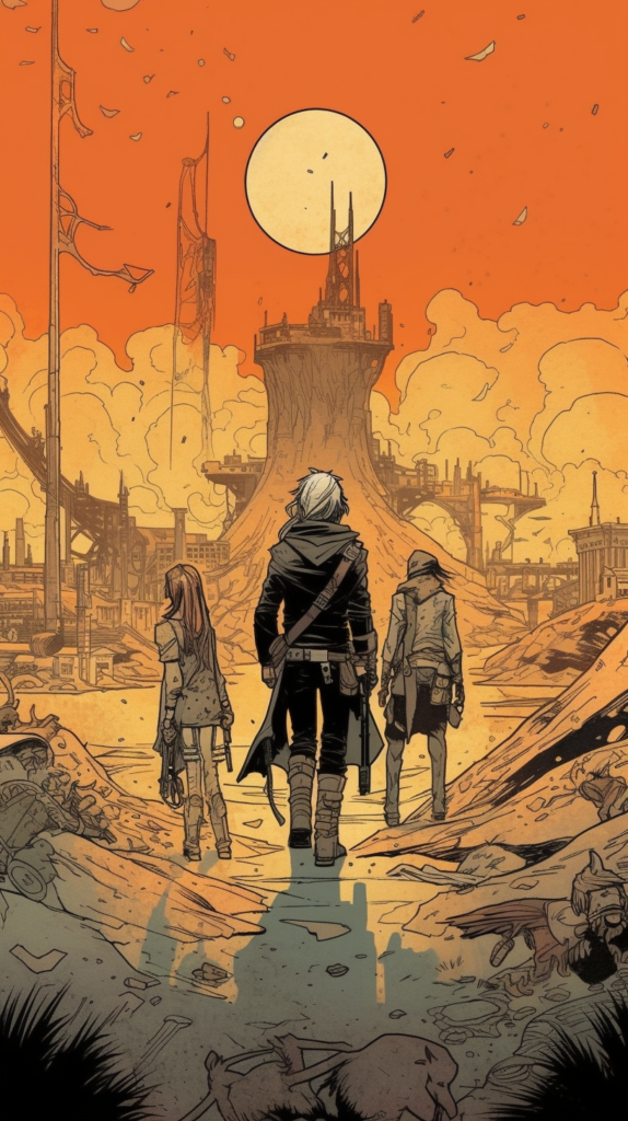 Artwork from 'East of West' by Jonathan Hickman, featuring a futuristic alternate America. Three characters are seen from behind, walking towards a massive tree-like structure with a city built atop it. The sky is a warm orange, with a pale sun or moon directly above the structure, and paper-like debris floating in the air. The environment is barren and filled with debris, suggesting a desolate world. The closest figure appears to be a man with white hair, followed by two other indistinct figures, all wearing rugged, dystopian attire.