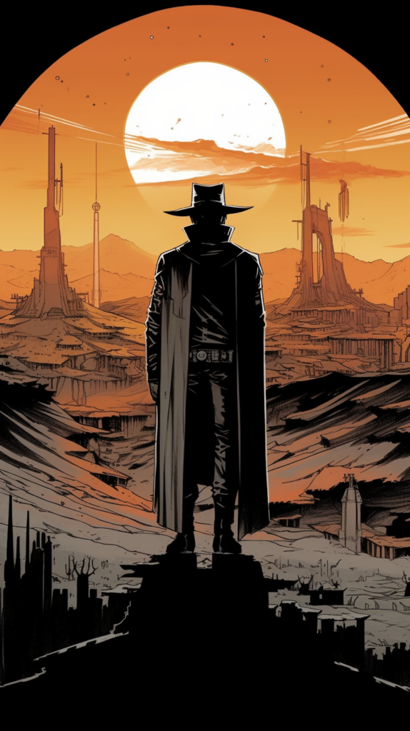 Illustration from 'East of West' by Jonathan Hickman featuring a silhouetted figure in a long coat and a wide-brimmed hat standing on a path leading towards a desolate landscape under a large, setting sun. The background depicts a dystopian wasteland with sparse vegetation, derelict structures, and towering monuments, all enveloped in an orange and yellow hue that suggests a sunset in a desolate yet grand desert-like environment.
