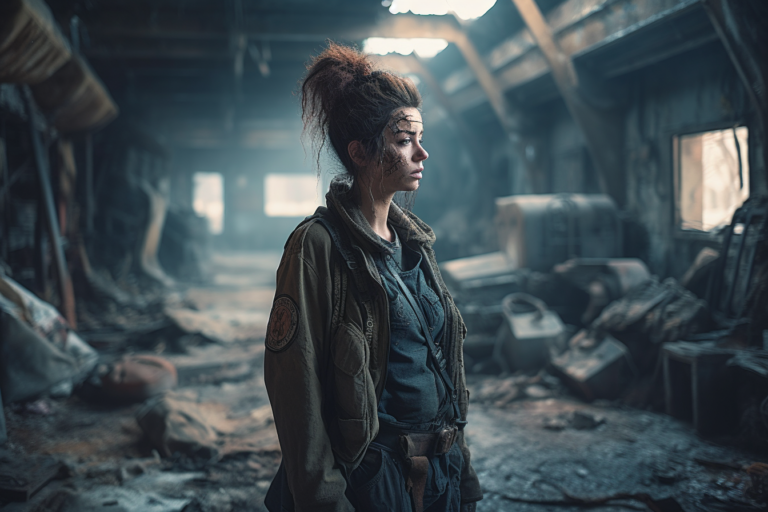 A woman stands forlorn in a dilapidated building, her face smeared with dirt, hair tousled, and eyes reflecting a mix of resilience and sadness. Her rugged attire and the patches on her jacket suggest a narrative of survival and struggle in a post-apocalyptic world.