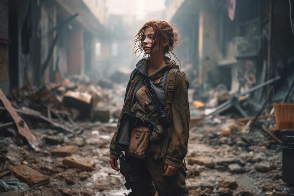 A post-apocalyptic scene featuring a young woman with red hair and dirt-smudged face standing amidst urban ruins. She wears a tattered green jacket, a backpack, and a holstered weapon, portraying a survivor in a desolate world. Her focused gaze and the overall grim environment suggest a narrative of resilience and survival.