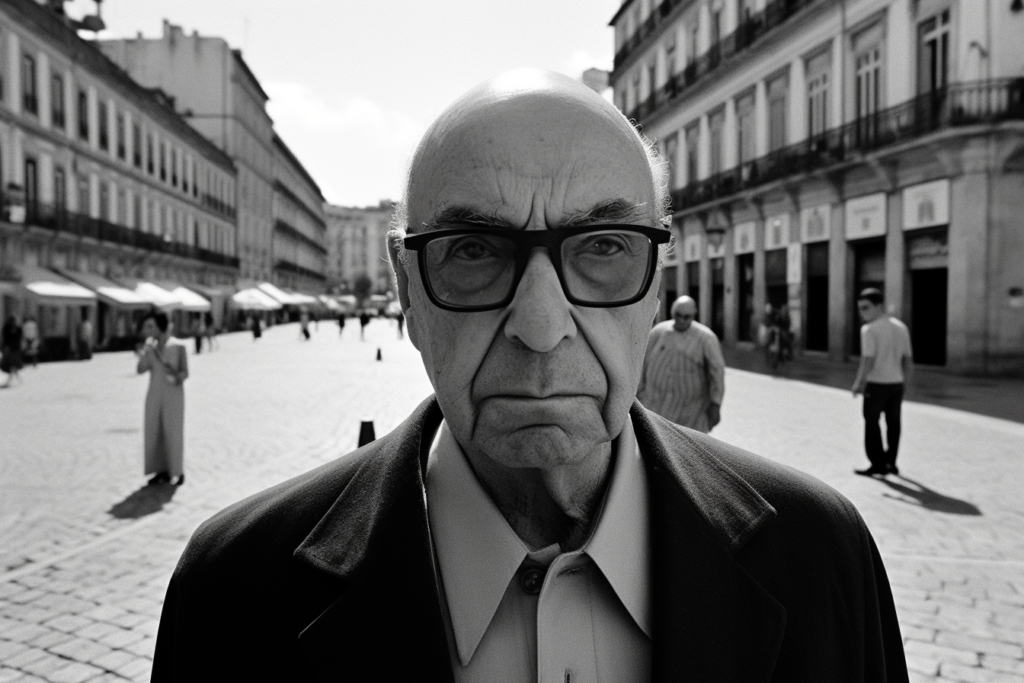 The image is a black and white photograph featuring an older gentleman with a pronounced bald head, standing in the foreground looking directly at the camera. He wears thick-rimmed black glasses, a smart coat, and a collared shirt. His expression is serious and somewhat imposing. Behind him, the scene is out of focus, but we can discern a cityscape, possibly a European plaza, with people milling about in the background, including a figure in a light-colored dress. The overall composition of the photograph, with its sharp focus on the individual contrasted against the blurred public space, might evoke themes of personal isolation within a bustling society, reminiscent of the narrative in José Saramago's "Blindness," which deals with societal breakdown and individual identity amidst a crisis.