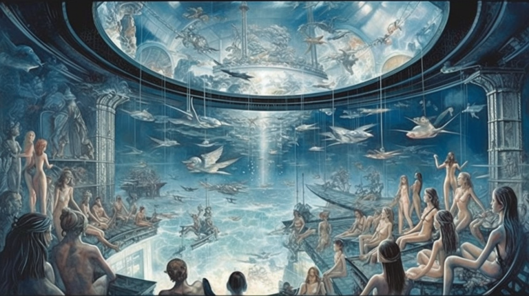 An imaginative underwater scene depicting a group of people observing the marine life from inside a large, dome-like aquarium. The viewers are positioned around the circular window, mesmerized by the various species of fish and marine mammals swimming by, along with divers exploring the aquatic depths. The painting combines elements of classical architecture with futuristic design, suggesting a harmony between technology and the natural world in an advanced society.