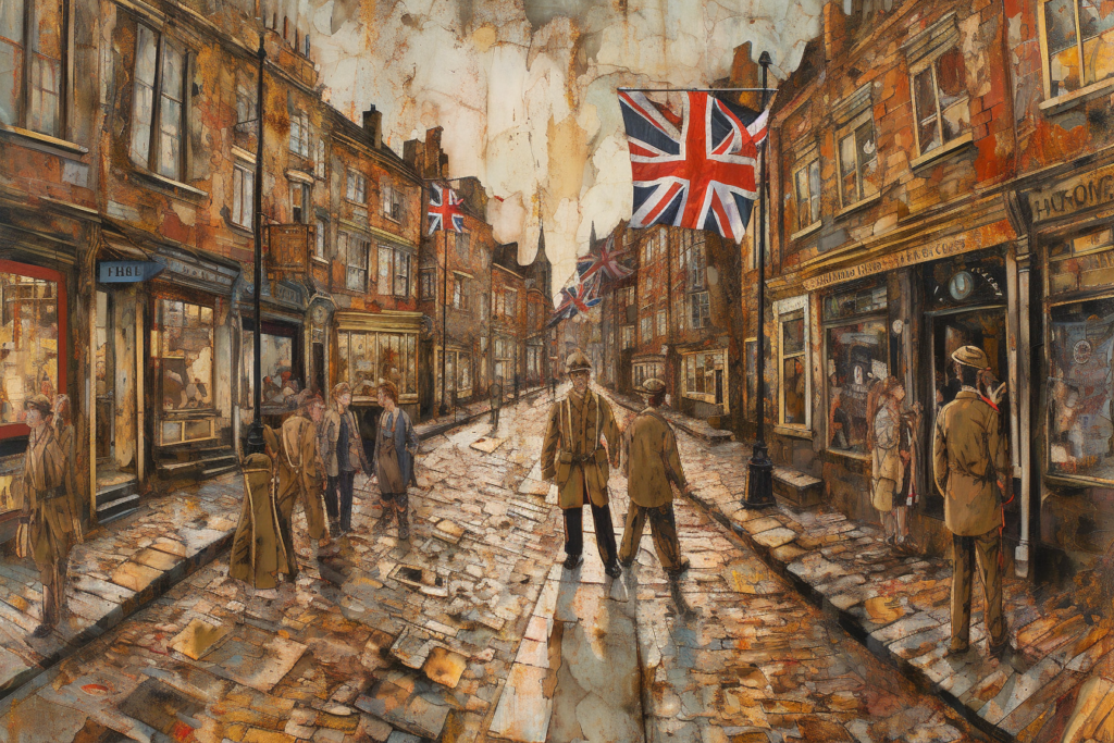 This image is a richly textured painting depicting a British street scene, possibly during the time of war, as indicated by the prominent Union Jack flags. The architecture is distinctly Victorian or Edwardian, with narrow buildings closely packed along a cobbled street. People dressed in period attire walk or stand, conversing or going about their business, under a sky that suggests an overcast or a smoke-filled atmosphere, hinting at the effects of the Blitz. The worn-out look of the buildings and the street, along with the presence of the flags, evoke a sense of national resilience in the face of societal collapse, fear, rationing, and the spirit of the era.