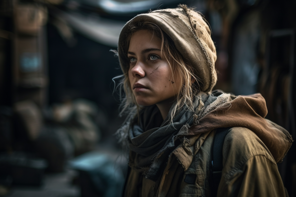 A close-up portrait of a young woman with a contemplative gaze, her face framed by a hood and a worn scarf. Her eyes are focused intently on something in the distance. Dirt smudges on her face and the frayed edges of her clothing suggest she is surviving in a tough, post-apocalyptic environment. The blurred background hints at a makeshift shelter, emphasizing her resilience in a world of chaos and ruin.