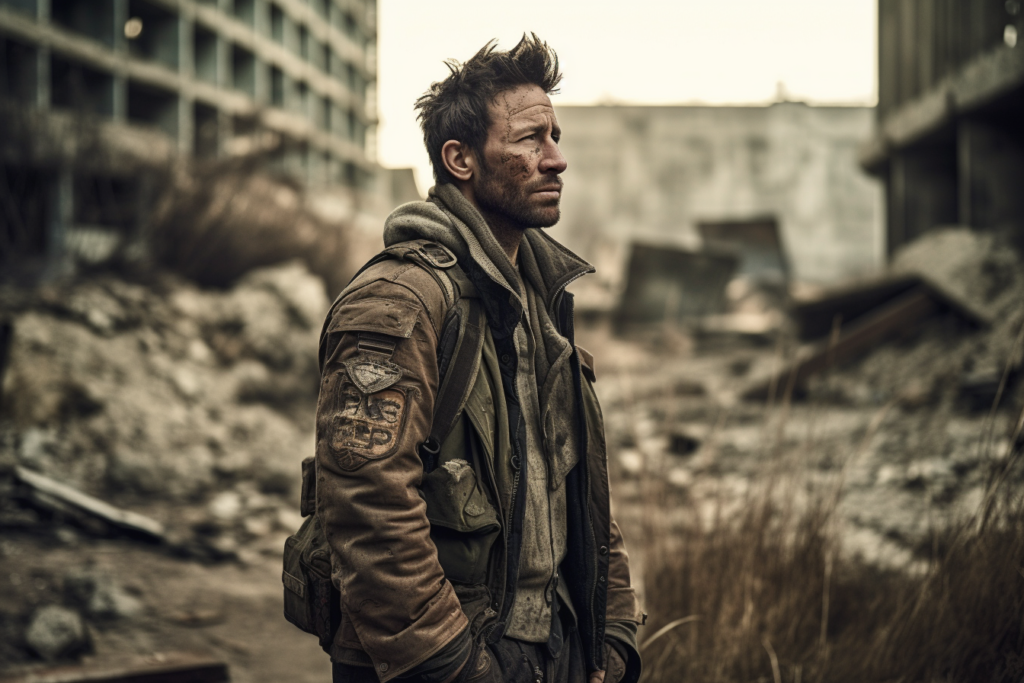 A rugged man with a contemplative expression stands in a dilapidated urban landscape. He wears a leather jacket with a patch emblem, suggesting he's part of a group or militia, embodying the resilience and survivalist spirit characteristic of post-apocalyptic fiction.