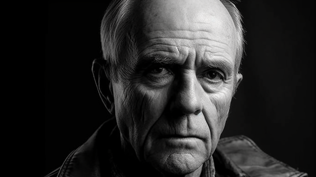 A black and white portrait of an older man with a deeply lined face, intense gaze, and a hint of a frown. He appears contemplative and solemn, with his head slightly turned, giving a sense of introspection. The lighting accentuates the textures of his skin and the expression in his eyes, conveying a narrative of experience, wisdom, or perhaps the gravity of a moment captured in time.