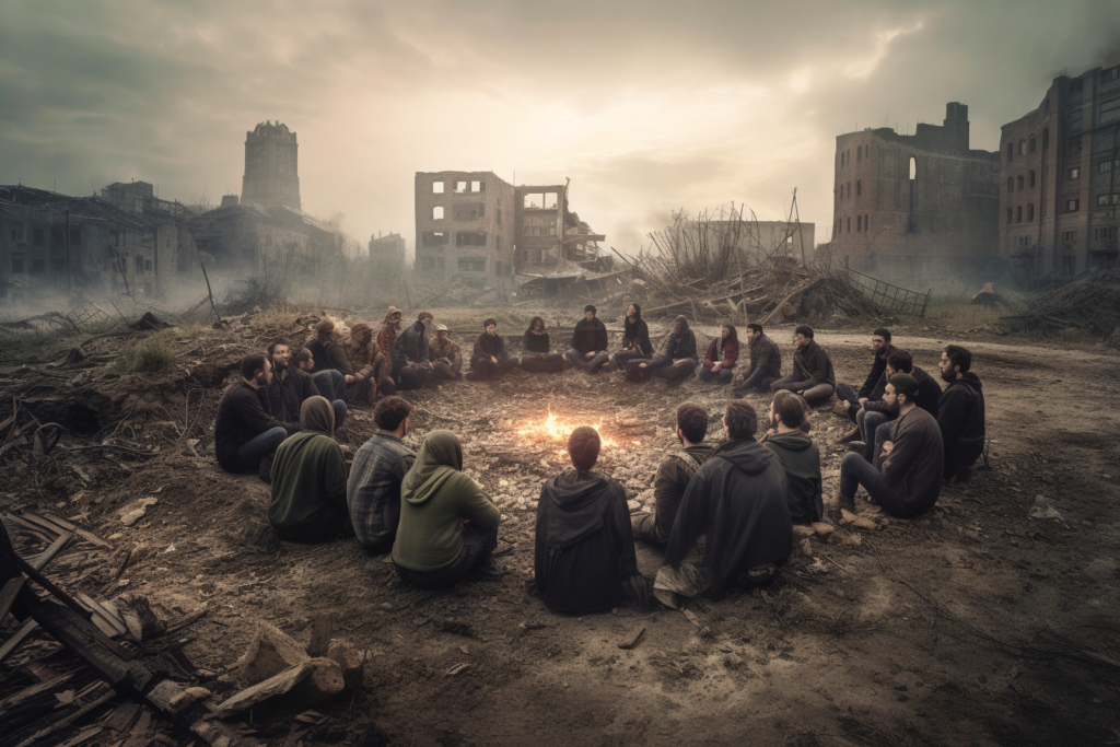 A somber gathering of people seated in a circle around a small fire in the midst of a desolate urban landscape. The ruins of buildings under a gloomy sky create a backdrop that suggests recent devastation. The individuals are clad in muted colors, their postures and expressions reflective and united by the shared experience of survival. The scene evokes a sense of community and resilience in the face of adversity.