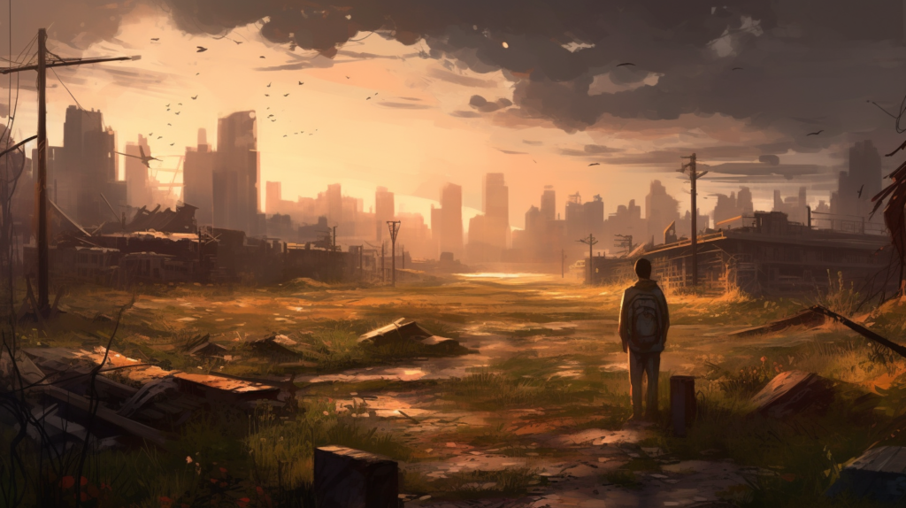 A digital painting depicting a solitary person with a backpack standing on a weathered path in a post-apocalyptic city. The skyline features dilapidated buildings and rampant overgrowth, with the warm glow of the sun piercing through a cloudy sky. Birds fly above the desolation, suggesting life persists amidst the decay.