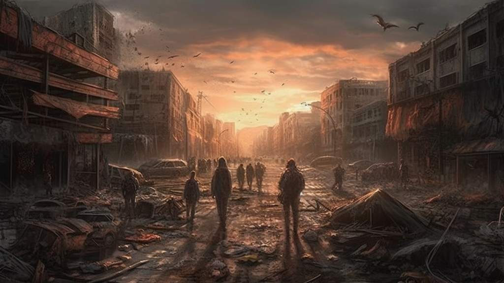A group of survivors walks down a desolate city street at dawn or dusk, the sky ablaze with warm hues. The urban landscape around them lies in ruins, buildings crumbling and vehicles abandoned and decaying. Birds scatter into the sky, adding a dynamic element to the otherwise still aftermath of a societal collapse. The scene is both haunting and beautiful, capturing the essence of a dystopian world.