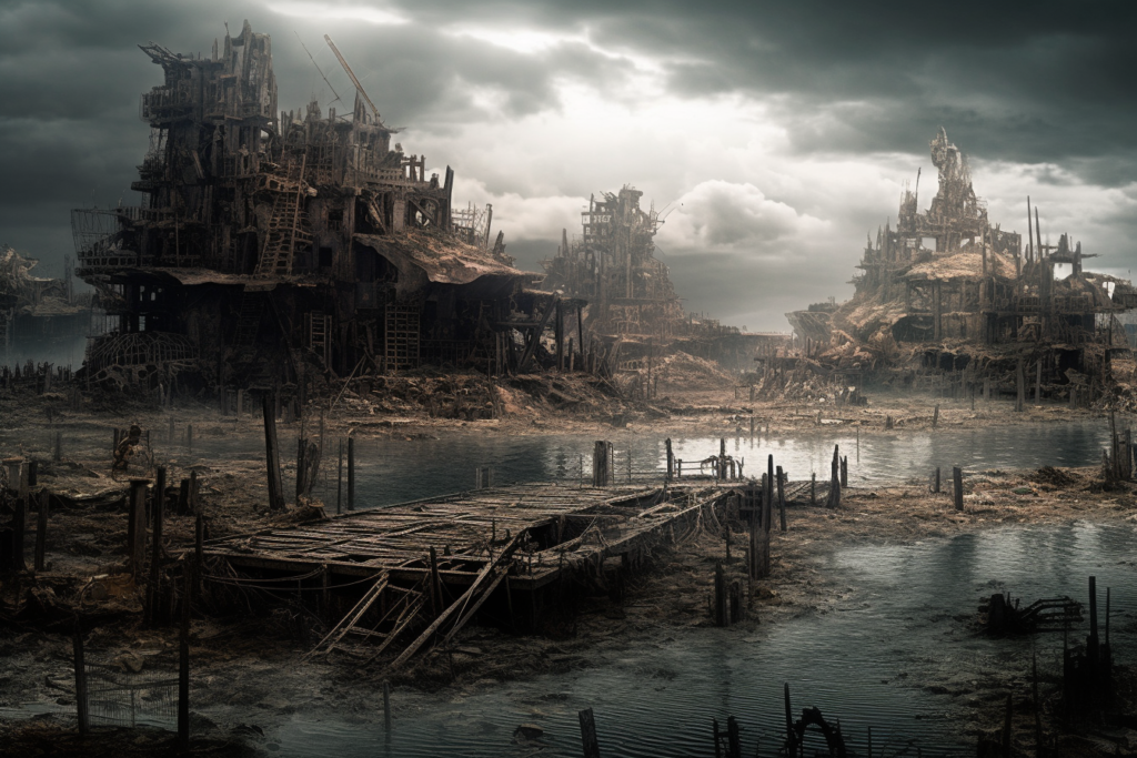 A dystopian landscape depicting a desolate environment with a series of intricate, makeshift structures that resemble a shantytown built from salvaged materials. These towering edifices are set against a gloomy sky with pockets of light breaking through the clouds, highlighting their dilapidated state. In the foreground, there's a rickety wooden bridge over a body of murky water, leading towards the chaotic assemblage of buildings. The scene is devoid of vegetation, suggesting a harsh, possibly polluted world. Scattered figures can be seen moving through the ruins, hinting at the resilience of human life in this post-apocalyptic setting inspired by Margaret Atwood's 'MaddAddam' series.