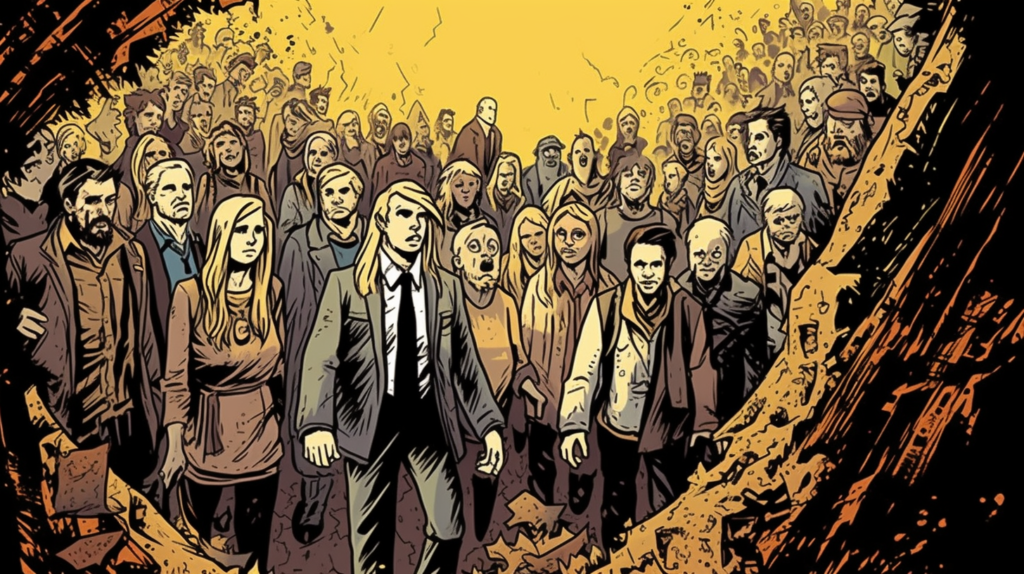 A stylized graphic illustration of a diverse crowd of people moving forward with a sense of purpose and urgency. In the foreground, a few individuals are highlighted and appear more detailed, including a woman in a suit leading the group. The crowd is depicted in varying shades of brown and yellow with a dynamic, textured background that gives a sense of movement. The use of light and shadow creates a dramatic effect, emphasizing the intensity of the crowd's collective mood.