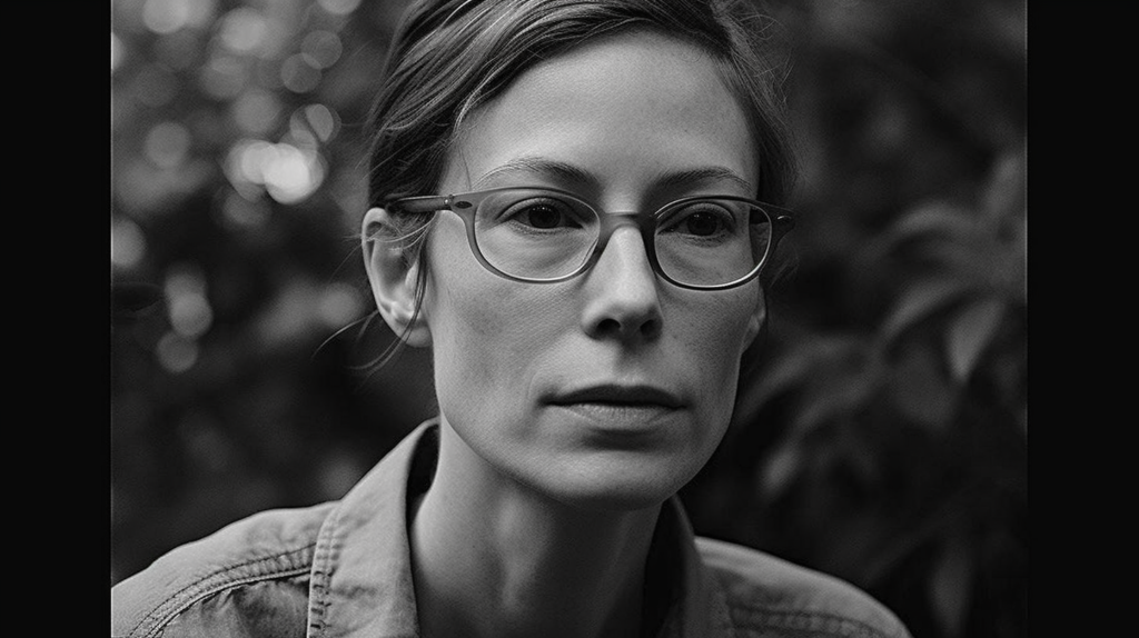 A black and white portrait of a woman with discerning eyes, wearing round glasses. Her contemplative gaze and the serene backdrop evoke a sense of introspection and a poised intellect. The image captures the subject's subtle confidence and the depth of character that often inspires profound storytelling.