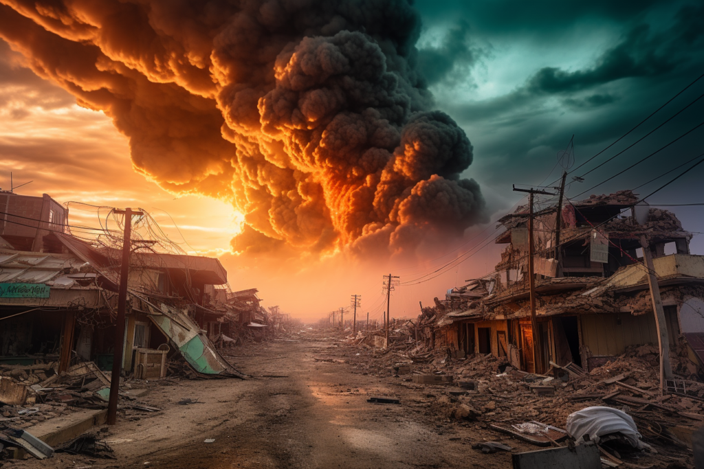 A vivid and intense scene of an apocalyptic event, with a massive, fiery explosion cloud billowing into the sky, dominating the view. Below, a ravaged street lined with the skeletal remains of destroyed buildings leads towards the inferno. The orange and red glow of the flames illuminates the destruction, casting an eerie light on the devastation. This powerful image captures a moment of catastrophic destruction and the overwhelming force of nature unleashed.