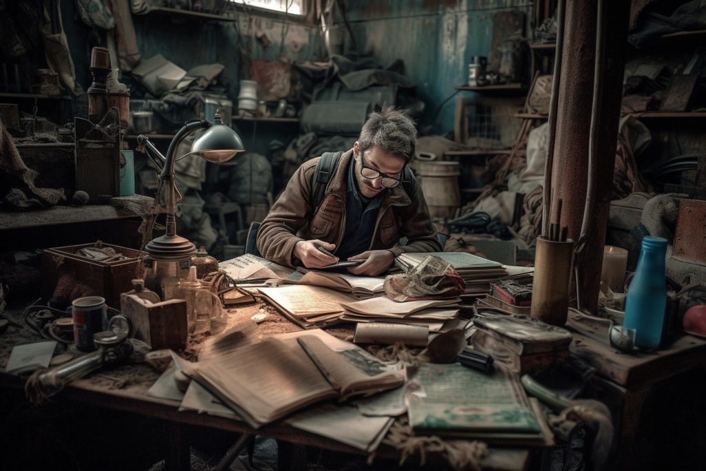 A man with glasses, focused intently on writing in a notebook, sits at a cluttered desk illuminated by a desk lamp. The room is filled with assorted items and books, suggesting a makeshift study in a post-apocalyptic setting.