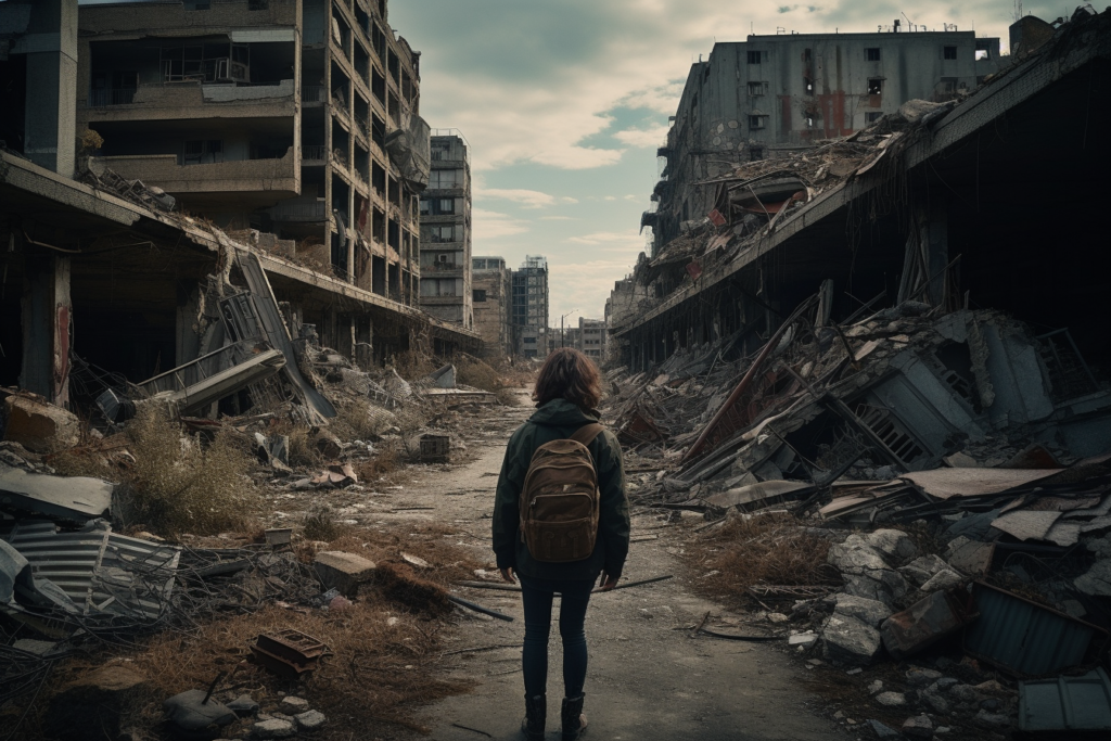 A deserted street in a dystopian cityscape, with the skeletal remains of buildings flanking the sides. The road is strewn with debris and leads to a stagnant pool of water, reflecting the devastation above. The scene is eerily quiet and devoid of human presence, conveying a profound sense of abandonment and the aftermath of some cataclysmic event.