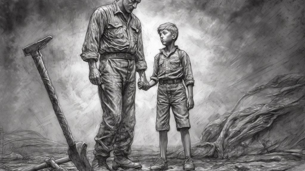 The illustration presents a poignant scene of a man and a boy in a desolate, post-apocalyptic landscape. The adult's protective stance and the child's trusting grip suggest a deep bond forged by survival and necessity. The hammer, prominent in the foreground, symbolizes the rebuilding of a world torn asunder, as well as the resilience required to forge ahead amidst adversity. This image evokes themes of mentorship, the transference of knowledge and values, and the imperative to uphold moral and ethical compasses even when the fabric of society has unraveled. It's a testament to the enduring human spirit and the need for guidance to maintain one's humanity in the face of overwhelming challenges.