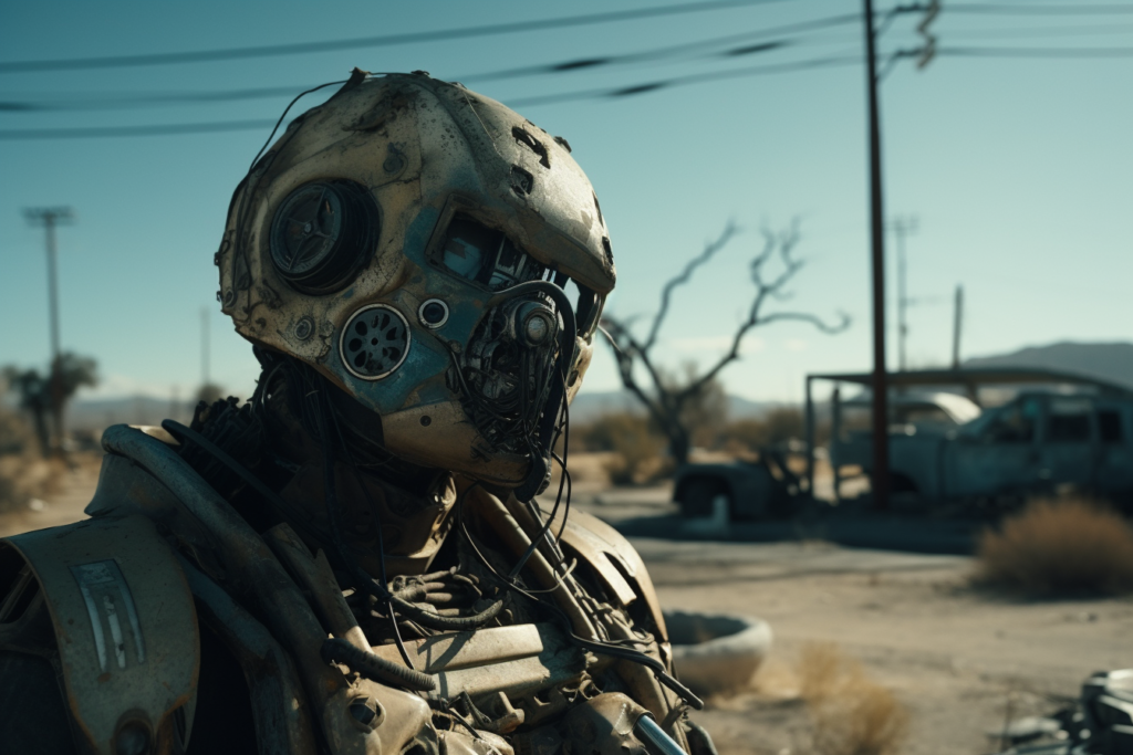 The image displays a close-up of a highly detailed, worn-out robotic head, showcasing intricate designs and a sense of age with visible rust and dirt. The robot, set against a blurred desert backdrop featuring sparse vegetation, power lines, and abandoned vehicles, has a humanoid face structure with two bright, round eyes and a variety of mechanical components where the mouth and jaw would be. The desert and dilapidated infrastructure suggest a post-apocalyptic world where robotics has a presence amidst human absence or scarcity.