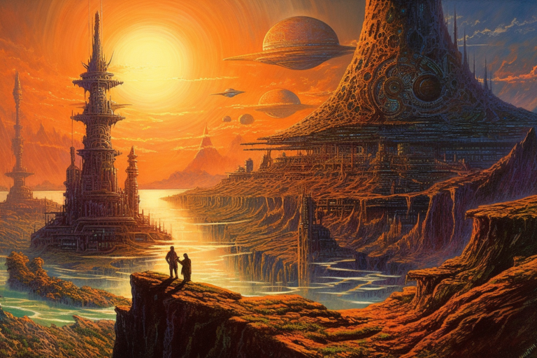 A vibrant science fiction landscape depicting a far-future Earth under a large, glowing sun with multiple moons or planets visible in the sky. Towering, ornate structures with intricate designs rise above the landscape, featuring cascading waterfalls and interconnected levels. The architecture blends organic and geometric patterns, suggesting advanced, possibly alien construction. In the foreground, two silhouetted figures stand on a cliff overlooking the scene, suggesting a moment of contemplation or discovery. The color palette is rich in oranges and yellows, evoking a sense of wonder and the alienness of the setting.