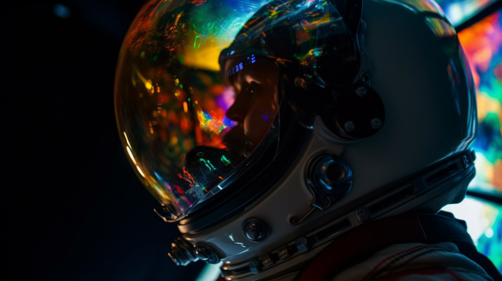 The image provides a first-person perspective from inside an astronaut's helmet. The visor reflects a vibrant tapestry of lights and colors, suggesting the complex array of instruments and the vastness of space beyond. The interior of the helmet is shadowed, with the astronaut’s face partially visible and illuminated by the multicolored glow, emphasizing the human element amidst the technologically advanced environment. This scene evokes the isolation and wonder of space exploration, capturing a moment of introspection or anticipation as the astronaut gazes outward.