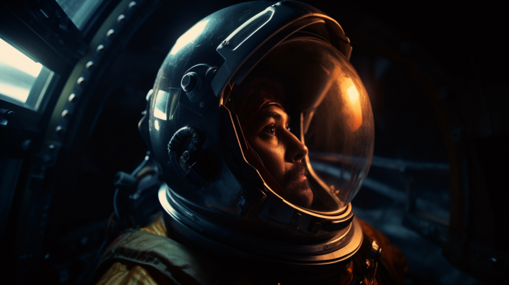 This image depicts a close-up of an astronaut in a reflective gold visor helmet, highlighting a thoughtful or contemplative expression. The astronaut's face is partially illuminated by a soft, warm light that suggests a nearby source, perhaps a control panel or a viewport. The background is dark and features elements of a spacecraft's interior, providing a sense of being enclosed within a space vessel. The reflective visor captures subtle hints of the surrounding environment and contributes to the depth of the scene. The astronaut's attire appears to be a traditional space suit, with details that suggest a combination of functionality and advanced technology. The overall atmosphere is one of anticipation and focus, as if the astronaut is on the verge of a significant discovery or decision.