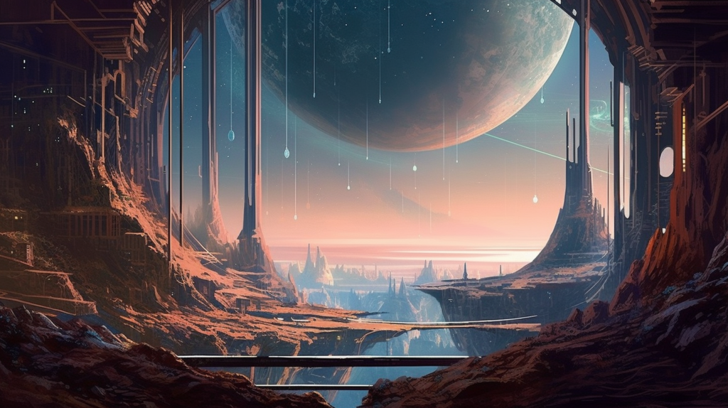This is a widescreen image depicting a scene from a science fiction setting. It shows an expansive view from within a cavernous structure that opens up to a dramatic landscape with towering spires and futuristic architecture. In the background, a large celestial body hangs in the sky, dominating the horizon. The environment is bathed in the warm glow of a setting or rising sun, with hints of twilight blues and dusky oranges. The scene is rich with detail, suggesting a world that is both alien and advanced, with technology integrated into its natural surroundings. There are also several vertical elements resembling falling stars or meteors, adding a dynamic aspect to the serene vista. This image evokes themes of exploration, wonder, and the vastness of the universe.