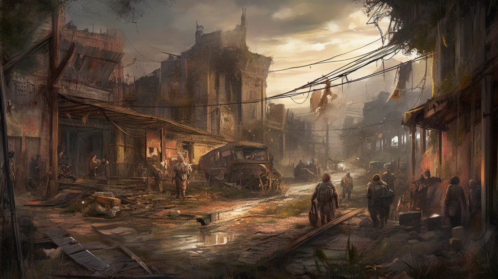 The image depicts a bustling street scene set in a post-apocalyptic world. The once-prosperous urban landscape is now in ruins, with dilapidated buildings and debris littering the streets. Residents navigate the rubble and makeshift pathways, adapting to the harsh realities of their new world. A central figure with a backpack makes their way through the thoroughfare, surrounded by others engaged in various activities that suggest a semblance of communal life amidst devastation. The sky, tinged with the glow of a setting or rising sun, hints at the enduring passage of time despite the collapse of civilization as it was once known.
