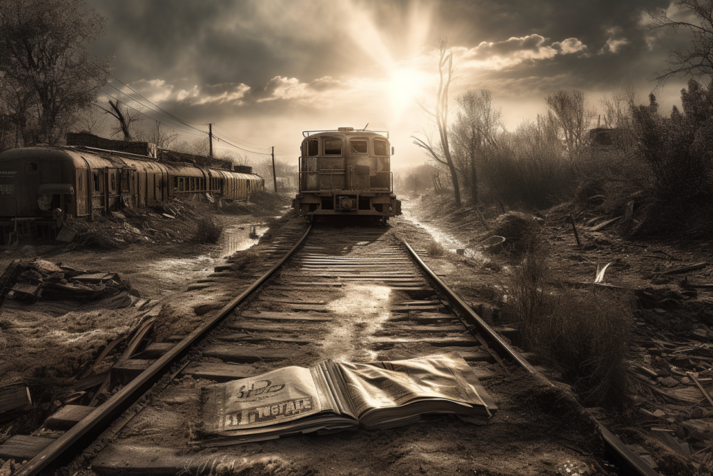 A dramatic post-apocalyptic scene featuring an abandoned railway track with an old, derelict train resting under a hazy, sunlit sky. The foreground shows an open book lying on the ground, its pages weathered and curling, suggesting neglect and the passage of time. The atmosphere is eerie and desolate, with dead trees and debris scattered around the desolate landscape, highlighting a sense of abandonment and decay. The sun's rays break through the clouds, casting a golden glow and creating a stark contrast between light and shadow, adding to the image's melancholic yet striking mood.