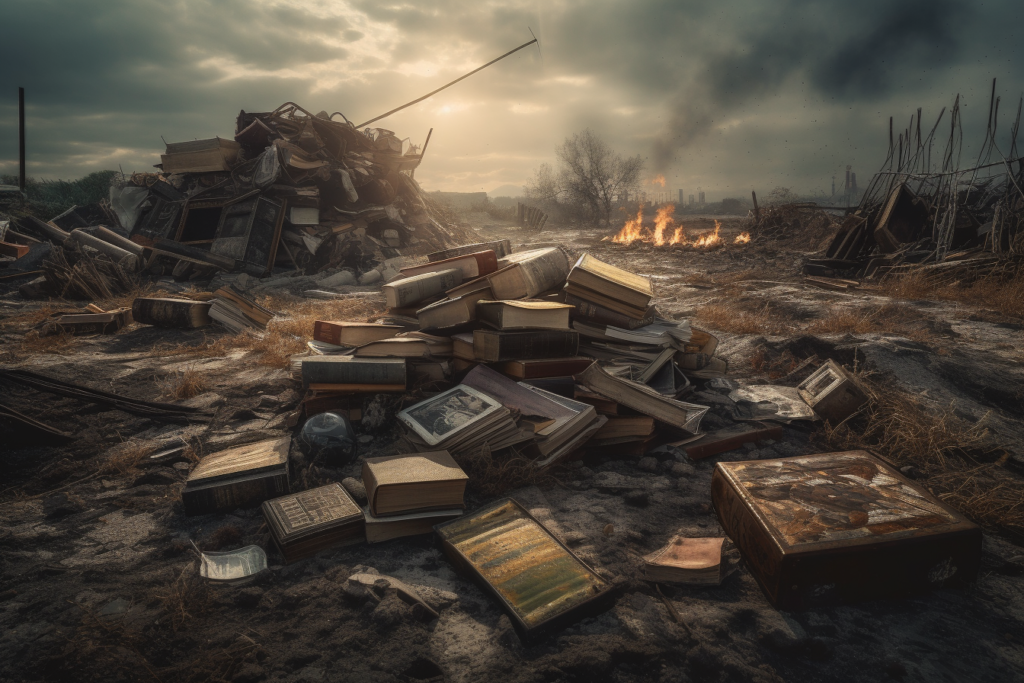 "A haunting post-apocalyptic scene with a scattered pile of old, weathered books in the foreground on muddy ground. In the background, a large pile of debris and broken furniture looms under a grey, ominous sky, with plumes of smoke and distant fires burning, suggesting recent destruction or abandonment. The desolate landscape implies a world where knowledge and history have been left to the elements, signaling a loss of civilization and culture.