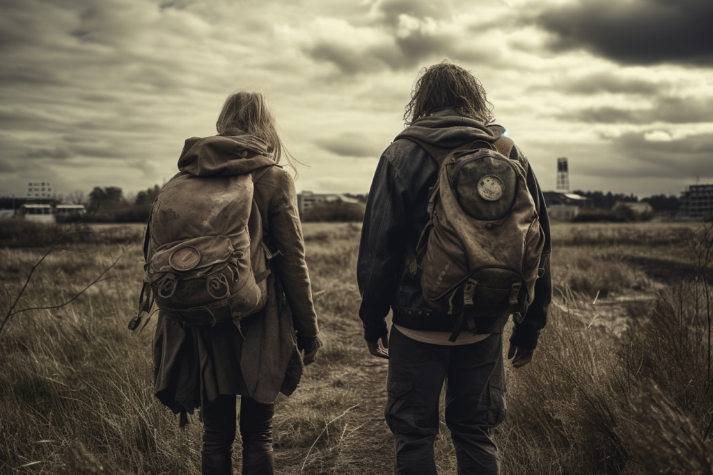 An evocative image depicting two people from behind, walking through a desolate, overgrown field toward a bleak horizon under a cloudy sky. They are dressed in rugged, post-apocalyptic attire with worn backpacks, suggesting a journey of survival. The surrounding landscape is barren and abandoned, with hints of a dilapidated urban environment in the background. The mood is one of somber determination, as they traverse the wasteland together, indicating the importance of companionship in a desolate world.