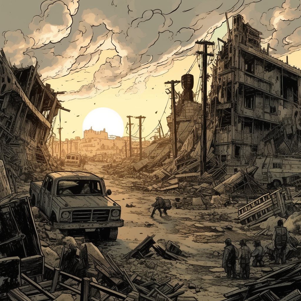 A graphic illustration of a devastated urban landscape at sunset. Tilted and collapsed buildings line the street, creating a corridor of destruction. A broken-down truck sits abandoned in the foreground, while a figure walks away, towards the setting sun that casts a warm glow over the scene. The sky is filled with heavy clouds, and a group of survivors with backpacks stand in the midground, suggesting the beginning of a journey in this post-apocalyptic world.