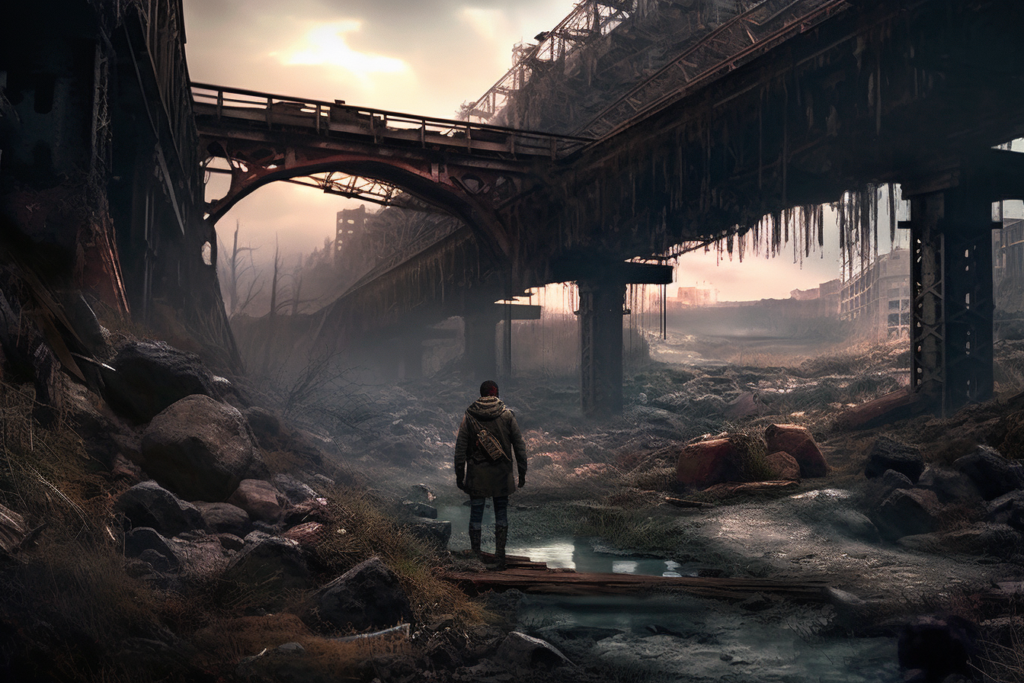 The image portrays a solitary figure standing amidst a desolate post-apocalyptic landscape. The person is viewed from behind, gazing into a vast expanse dominated by decaying infrastructure. An old, rusted bridge arches above, its surface covered with vegetation and dangling vines, suggesting long-term abandonment. The sky above is a muted blend of oranges and grays, casting an eerie light over the scene. Patches of water reflect the sky,

indicating recent rainfall. The remnants of urban civilization are visible in the background, with skeletal buildings and abandoned vehicles contributing to a sense of desolation. The figure, possibly a traveler or survivor, is dressed in a practical jacket with a backpack, ready to traverse the challenging terrain that lies ahead. The overall mood is one of isolation and the quiet tension of a journey through a forgotten world.