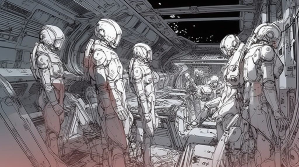 The image is a stylized sketch that appears to be from a manga or graphic novel. It features a group of humanoid figures in space suits, equipped with various gear and standing inside what looks like the interior of a spacecraft. The suits are sleek with rounded helmets, suggesting advanced technology. The environment is detailed with panels, wires, and equipment indicative of a spacefaring vessel. A viewport shows a glimpse of the void of space and distant stars, giving a sense of the isolation and vastness of the setting. The grayscale tones with hints of red give a moody atmosphere, emphasizing a futuristic and possibly militaristic theme.