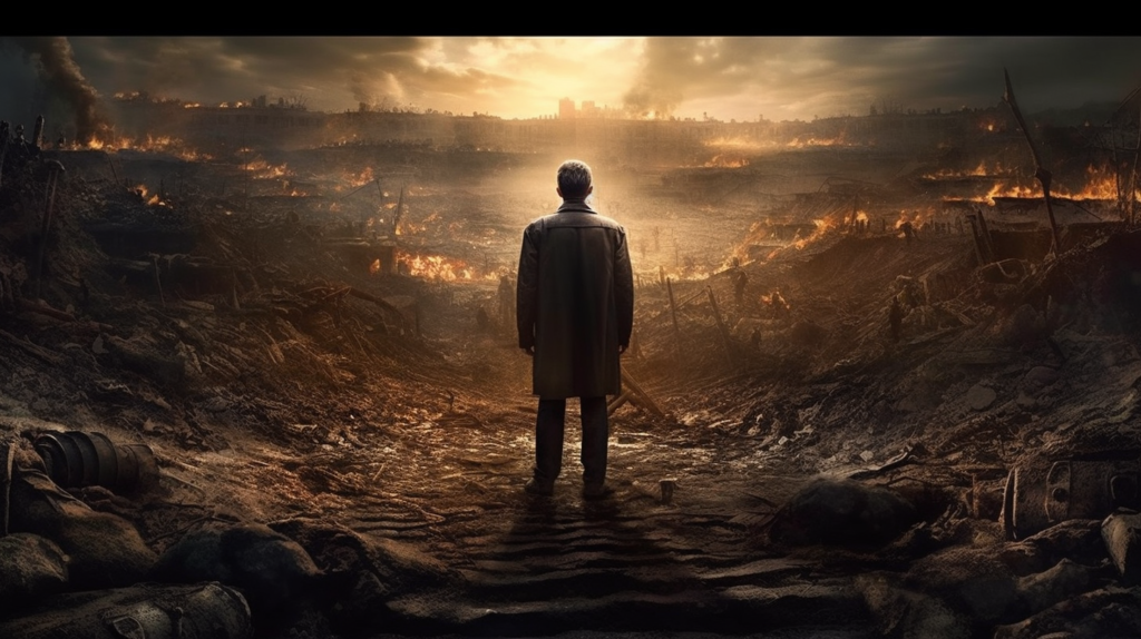 The image portrays a lone individual standing on the precipice of a vast, desolated landscape that was once a bustling metropolis, now reduced to ruins and engulfed in flames. This powerful and haunting scene evokes the profound weight of leadership and the gravity of ethical decision-making in a post-apocalyptic world. The person's silhouette against the backdrop of destruction highlights the isolation and immense responsibility borne by those who lead amidst chaos and despair. It is a stark reminder of the role that leaders play in navigating the remnants of society through crisis, their decisions shaping the survival and moral compass of those who follow. This image could serve as a compelling cover for a narrative exploring the themes of leadership, morality, and the human condition in the aftermath of catastrophe.