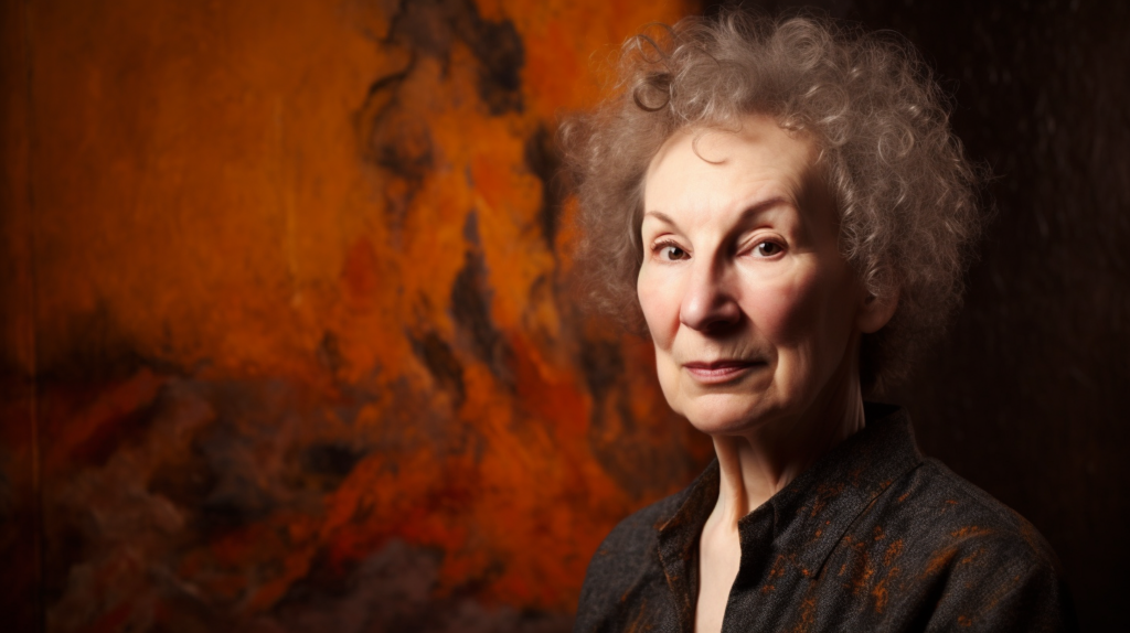 Portrait of a distinguished older woman with curly grey hair and a perceptive gaze. She has a subtle smile and is dressed in a dark jacket, standing before a vibrant, fiery abstract painting. The warm tones of the background contrast with her calm and wise demeanor, suggesting a creative and intellectual depth.