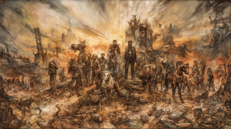 An evocative illustration of a post-apocalyptic gathering, with a group of figures standing solemnly amid ruins. In the center, a prominent character is flanked by others, some on horseback, as they survey the landscape. The background is a tapestry of destruction, with collapsed buildings and a hazy, illuminated sky that suggests either the break of dawn or the aftermath of calamity. The mood is one of desolation, but also of leadership and resilience in the face of overwhelming odds.