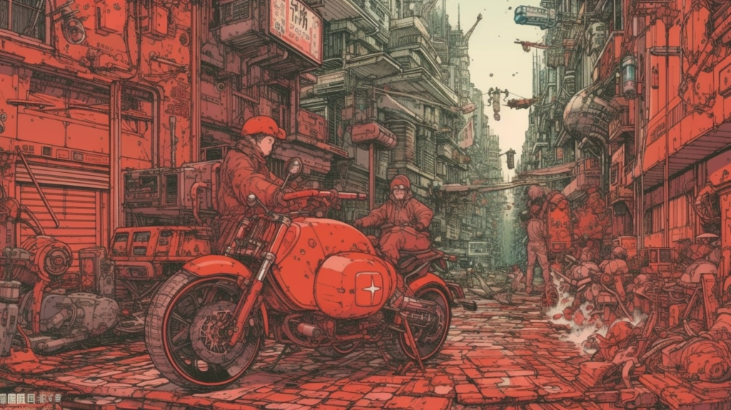 Artistic rendering of a Neo-Tokyo scene inspired by Katsuhiro Otomo's 'Akira', showcasing a bustling street in ruins. The image is dominated by shades of red and orange, highlighting two figures in protective suits and helmets, one riding a large, red motorcycle. Debris and remnants of technology clutter the streets, amidst a backdrop of densely packed, decrepit buildings adorned with neon signs. A sense of organized chaos permeates the scene, capturing the iconic cyberpunk aesthetic of the graphic novel.