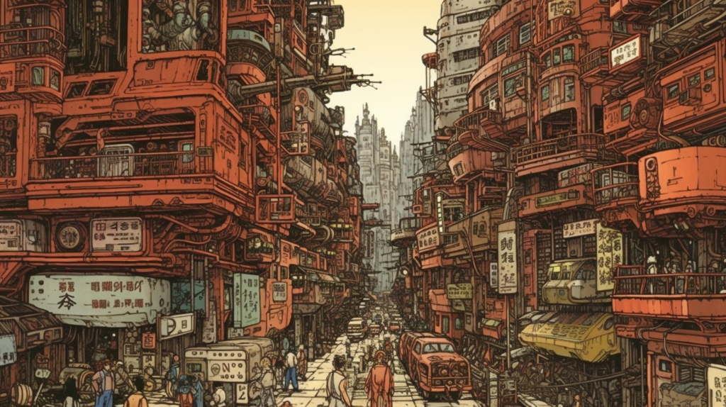Artwork from 'Akira' by Katsuhiro Otomo showcasing a dense, futuristic Neo-Tokyo cityscape. The scene is intricately detailed with layers of buildings piled upon each other, adorned with numerous signs in Japanese characters. The color palette is dominated by shades of red and sepia, giving a retro yet dystopian feel. Streets are busy with people and vehicles, creating a bustling atmosphere. At the end of the corridor-like street, the silhouette of a large building stands under a hazy sky, indicating the vast scale of the city.