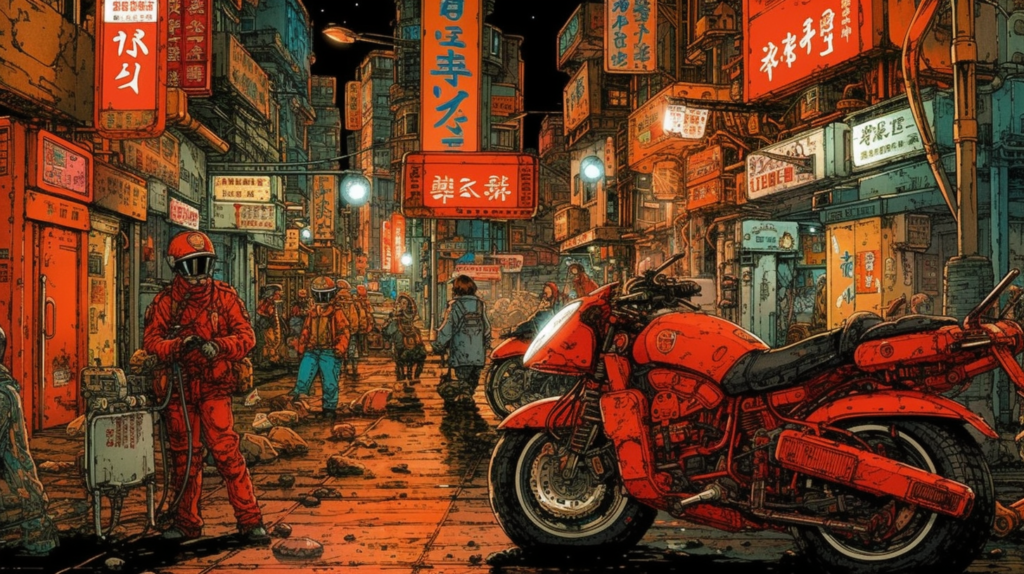 Vibrant illustration of a bustling street scene in a post-apocalyptic Neo-Tokyo setting, reminiscent of 'Akira' by Katsuhiro Otomo. Vivid neon signs in various Asian scripts illuminate the scene, casting a glow on the detailed urban decay. Characters in protective gear, possibly scavengers, navigate through the debris-littered streets. A prominent red motorcycle, akin to the iconic bike from 'Akira', is parked in the foreground, adding to the gritty, dystopian atmosphere of the artwork.