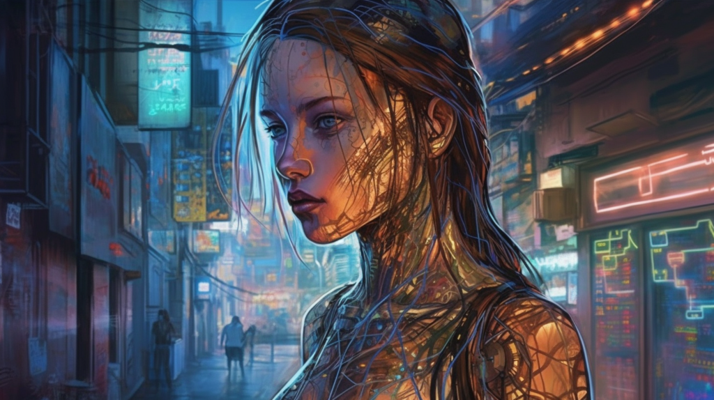 The image illustrates a vibrant cyberpunk cityscape, focusing on a female figure with intricate circuitry patterns visible under her translucent skin, which suggests a blending of human and technological elements. The city is alive with neon signs and a flurry of activity, while the woman's thoughtful expression and side glance add a human touch to the futuristic scene.